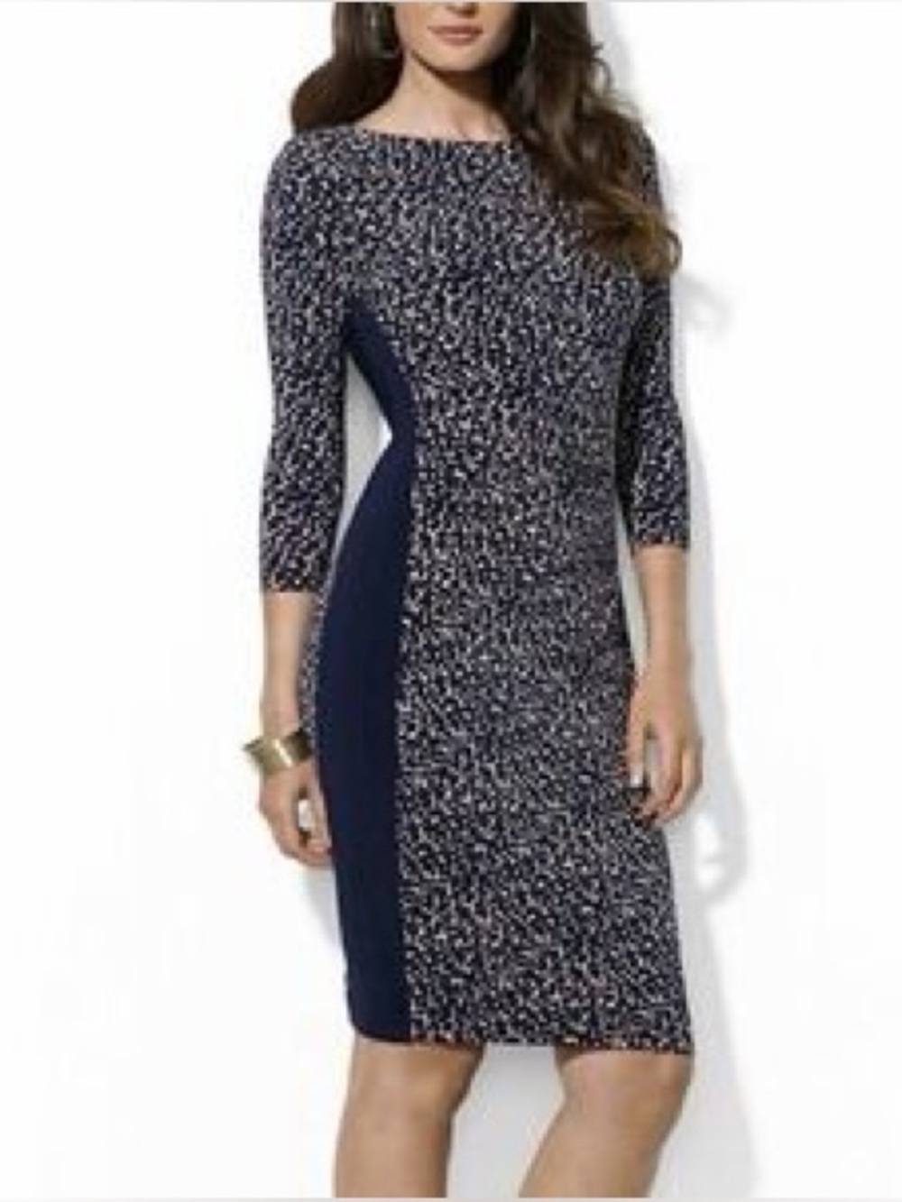Ralph Lauren Navy Cream Abstract Print Sheath Dress 3/4 Sleeve